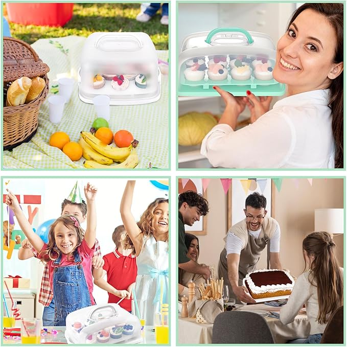 VGOODALL Cake Carrier with Lid and Handle, 12 Capacity Cupcake Holder for Muffin Pies Candies Fruits Snacks Desserts, Perfect for 14×10×4.5" Sheet Cakes, Dishwasher Safe