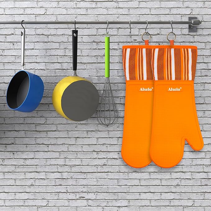 Alselo Oven Mitts Heat Resistant Silicone Kitchen Gloves for 550 Degrees with Waterproof and Non-Silp, Oven Gloves for Baking Cooking Barbecue Microwave Machine Washable (Extra Long Orange, 2)