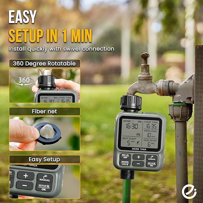 Egardenkart, Sprinkler Timer Outdoor - Water Timer for Garden Hose with Automatic, Manual and Rain Delay Mode | Large Display Water Hosetimer | Automatic Watering System for Garden, Lawns, Backyards