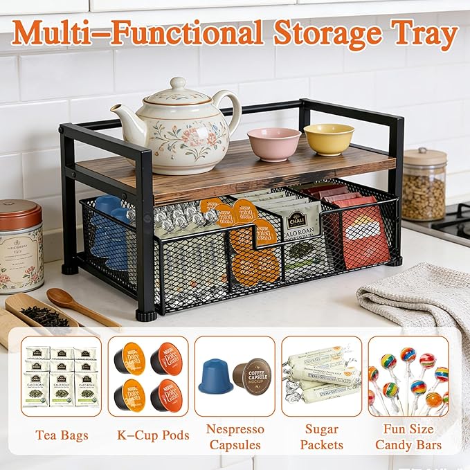 Tea Bag Organizer, Wooden Tea Storage Box with Metal Drawer, 8-Compartment Tea Bag Holder, Tea Station Display Case for Countertop Kitchen, Office, Pantry