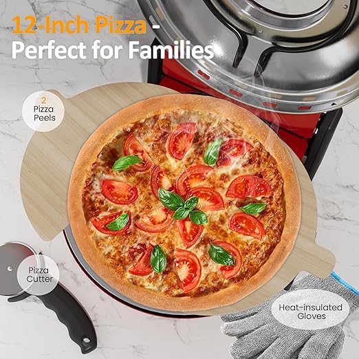 Pizza Oven Indoor Outdoor: Heats up to 770℉, Up to 12" Electric Countertop Pizza Maker with Viewing Window, Dual Temp Control Knob, Portable Pizza Cooker Warmer, Pizza Stone, Pizza Peel