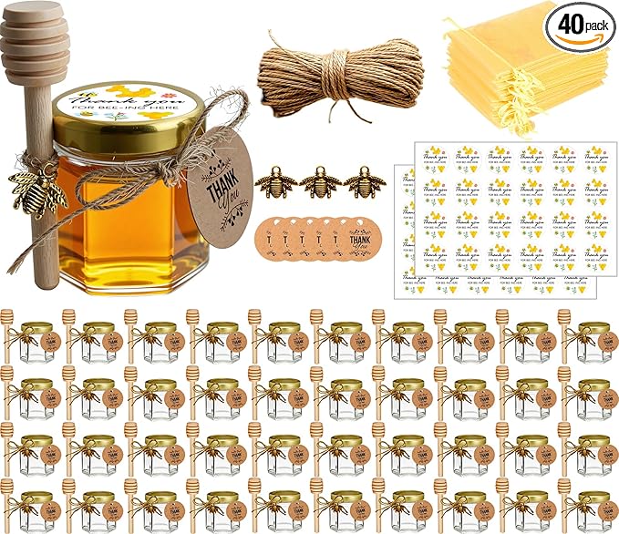 Adabocute Honey Pot, Glass Honey Jars, Small Honey Jars with Wooden Dippers, Bee Charms, Gold Gift Bags and Jutes Lids, Mini Honey Jars Baby Shower Favors, 1.5oz 40 Pack