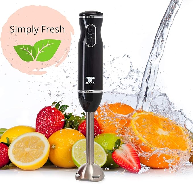 Moss & Stone Electric Hand Blender Set, 300W Immersion Hand Blender with Whisk and Chopper, Stainless Steel Shaft and Blades, 2-Speed Handheld Mixer with Ergonomic Grip, Black