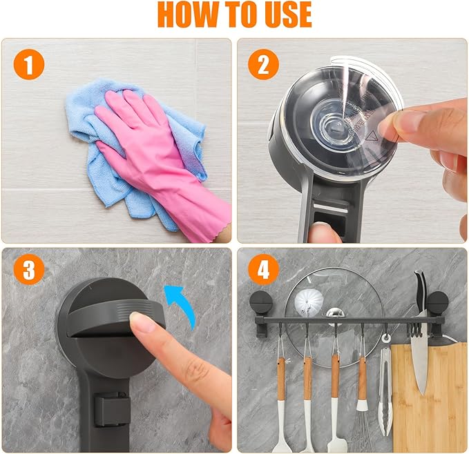 BESTOYARD Punchless Kitchen Utensil Hooks Wall Mount Rack with 10 Hooks, Adjustable Double Rod Organizer, Gray Suction Cup Holder for Cooking Tools and Measuring Cups