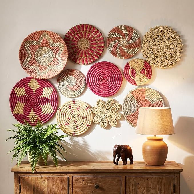 Tatuo 11 Pcs Boho Wall Basket Decor Bulrush Woven Wall Hanging Art Round Farmhouse Rustic Handmade Wicker for Summer Home, Bedroom, Living Room, Kitchen Decorations, Multi Sizes(Pink)