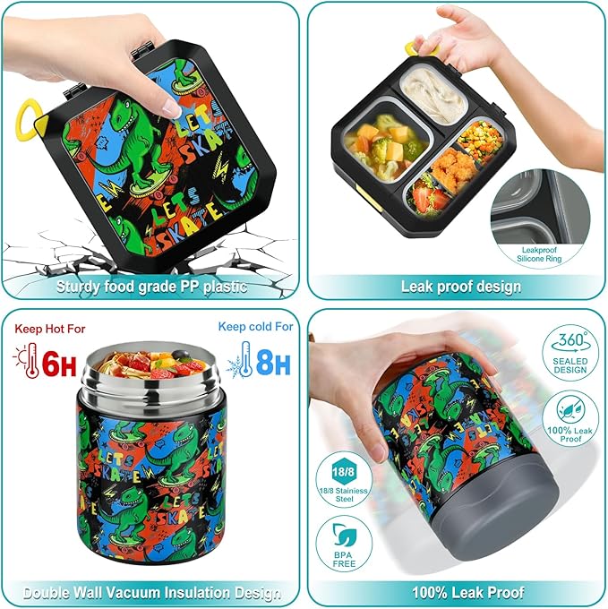wiwens Bento Lunch Box for Kids with 12oz Soup Thermo Leak-Proof Lunch Food Container with 5 Compartment Thermo Hot Food Jar and Insulated Lunch Bag for Kid Toddler Girls Boys to School