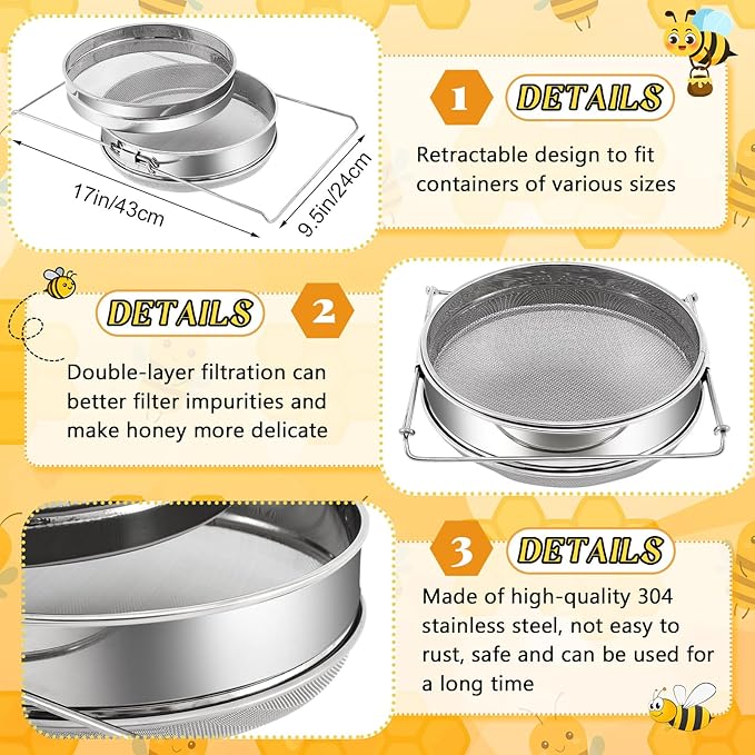 Threehoney 5 Gallon Honey Bucket with Spigot and Stainless Steel Filters Set Honey Extractor Equipment Food-Grade Bucket with Spigot for Bee Keeping Supplies Extracting Storage(Yellow,5 Gallon)