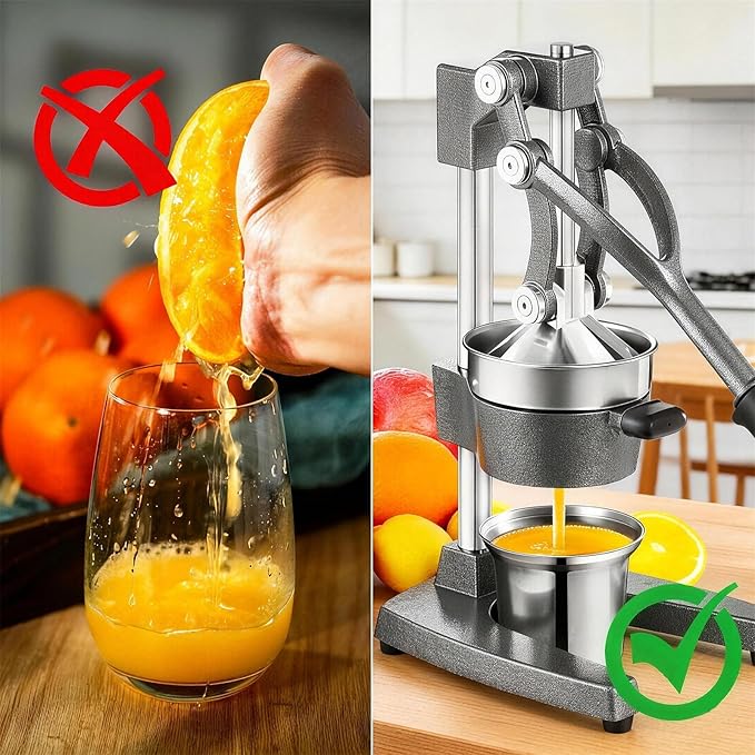 Cast Iron Juicer Hand Press - 13.8LB Heavy Duty Manual Citrus Orange Squeezer, 304 Stainless Steel Cup & Strainer, Professional Lemon Grapefruit Pomegranate Press for Home Bar Kitchen, Grey