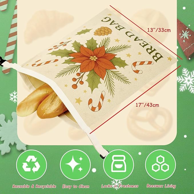 5PCS Christmas Beeswax Bread Bags Set – 2 Reusable Bread Bags + 3 Wax Paper Sheets,Eco-Friendly Beeswax Wraps for Food,Homemade Sourdough,Cheese,Snacks & Fruit,Holiday Gift for Bakers Kitchen Lovers