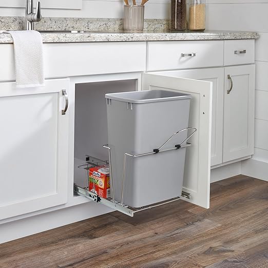 Rev-A-Shelf 32 Qt Pullout Kitchen Cabinet Metal Wire Sliding Universal Trash Can with Rear Basket for Waste Disposal and Organization, RUKD-1432RB-1