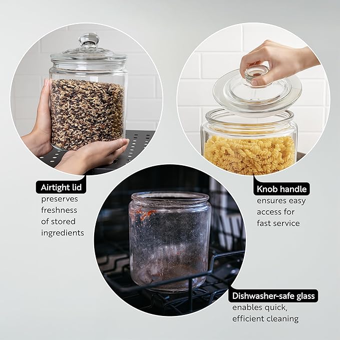Restaurantware Vetri 0.2 Gallon Glass Storage Jar 1 Dishwashable Glass Cookie Jar - Airtight Seal Wide Opening Clear Glass Candy Jar Knob Handle Lid For Kitchen Laundry Or Storage