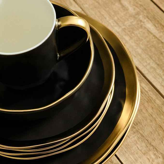 Stone Lain Florian Modern Porcelain 16 Piece Dinnerware Set, Plates and Bowls Set, Dish set for 4, Black And Golden Rim