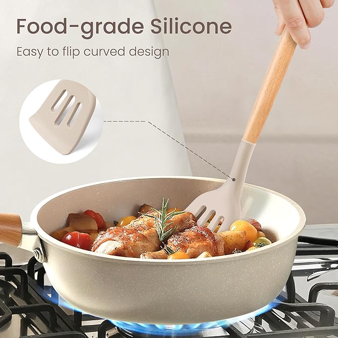 26 Pcs Silicone Cooking Utensils Set with Holder, NCUE BPA Free Kitchen Utensils Set for Cooking, 446°F Spatulas Silicone Heat Resistant Wooden Handle Spoon Tongs Non-stick Kitchen Gadgets (Khaki)