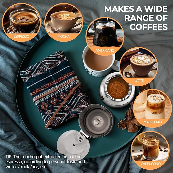 6 Cup 300ml Moka Pot Stainless Steel Espresso Coffee Maker Stovetop Coffeemaker Italian Classic Style Brewing Greca Cafe Mocha Machine for Cafeteras Lover Camping Travel and Home Use 10oz