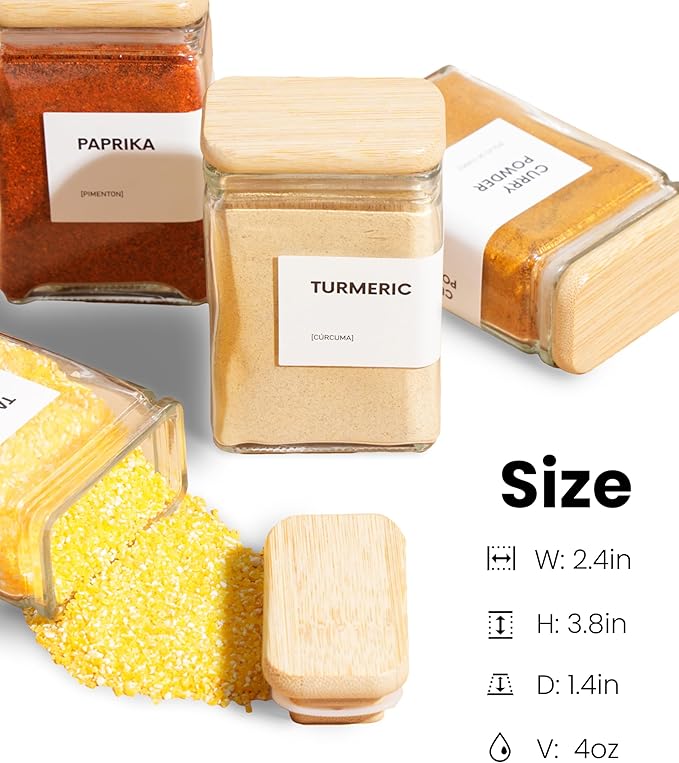 APT 1101 Glass Storage Jars with Bamboo Lid, glass canisters with airtight lids, Clear jars with lids for Spice, Cookie, Candy, Tea, Coffee Bean and Rice (White, Spice Jar Set (4 oz, set of 12))