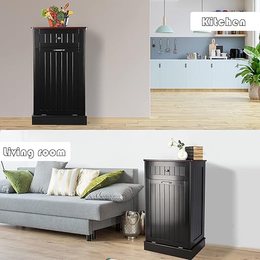 TOLEAD Tilt Out Trash Cabinet Free Standing 10 Gallon Recycling Trash Can Cabinet for Farmhouse Kitchen,Living Room, Dining Room, Black