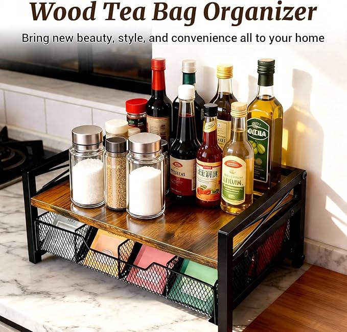 NANXITU Tea Holder Organizer,Wood Tea Box Organizer Storage Box,Tea Caddy for Tea Bags Organizer Drawer,with 8 Compartments Multi-Functional Tea Station Chest for Countertop