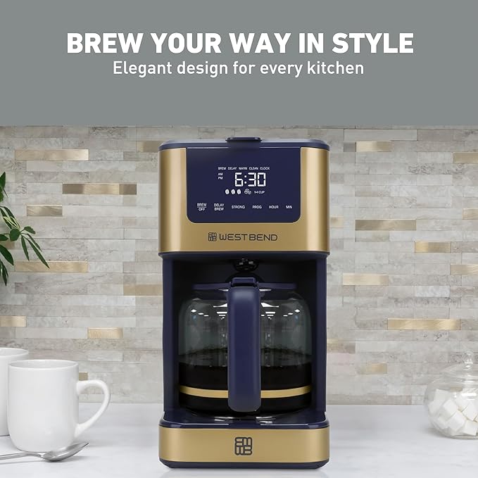 West Bend Timeless 12-Cup Programmable Coffee Maker with Brew Strength Selector for Hot and Iced Coffee, Includes 1-4 Cup Brew Option and Permanent Filter