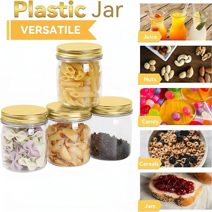 novelinks 8 oz Clear Plastic Jars with Airtight Lids, 8 Pack Plastic Mason Jars with Lids 8oz, Refillable Storage Slime Containers & Small Spice Jar for Kitchen Organization (8 Pack,Gold)