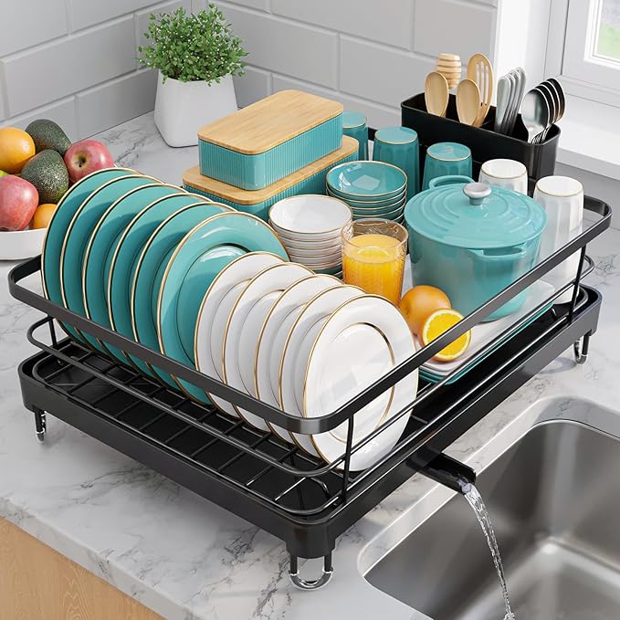 Sakugi Stainless Steel Dish Drying Rack for Kitchen Counter, Sink Organization and Storage Essentials with Silverware & Utensil Holder, Home and Apartment Decor, 12.5''W x 16.5'L, Black