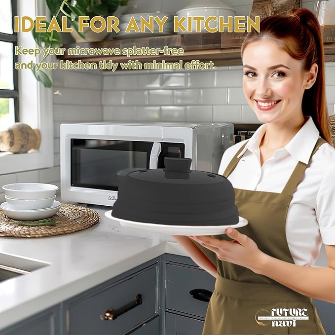 Collapsible Microwave Splatter Cover, Glass Silicone Foldable Microwave Lid for Food, 10.8 Inch Grease Splatter Guard for Pots, Pans & Bowls, Black