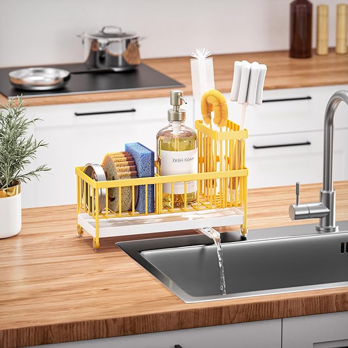 Cisily Sponge Holder for Kitchen Sink, Sink Caddy Organizer with High Brush Holder, Kitchen Countertop Organizers, 304 Stainless Steel, Lemon Yellow Kitchen Decor and Accessories