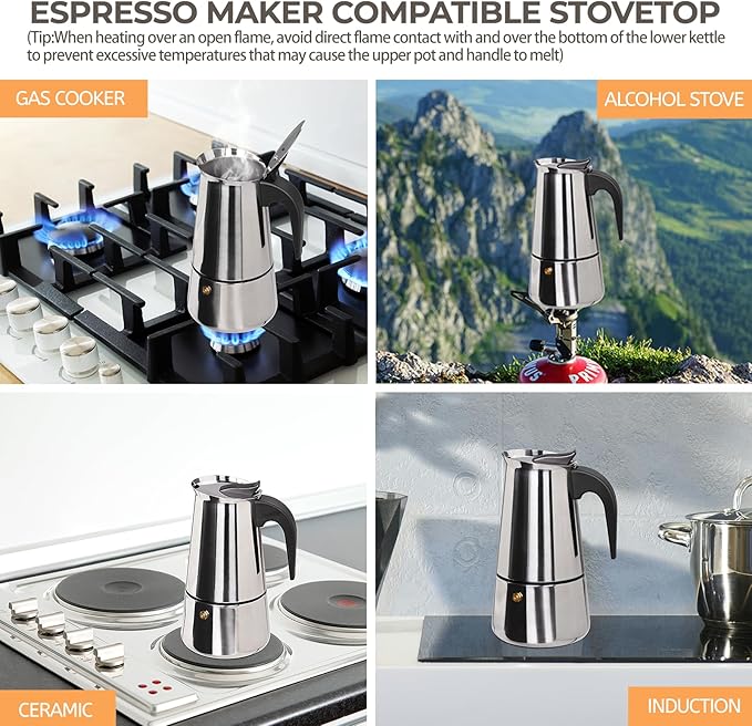 4 Cup 200ml Moka Pot Stainless Steel Espresso Coffee Maker Stovetop Coffeemaker Italian Classic Style Brewing Greca Cafe Mocha Machine for Cafeteras Lover Camping Travel and Home Use 6.6oz