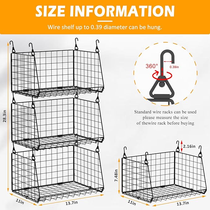 Jsskeeim 3-Pack Under Shelf Hanging Baskets - Space Saving Pantry Shelf Organizer with 360° Rotating Hooks for Kitchen Storage, Foldable Small Space Solutions for Pantry Utility Closet Garage, Black