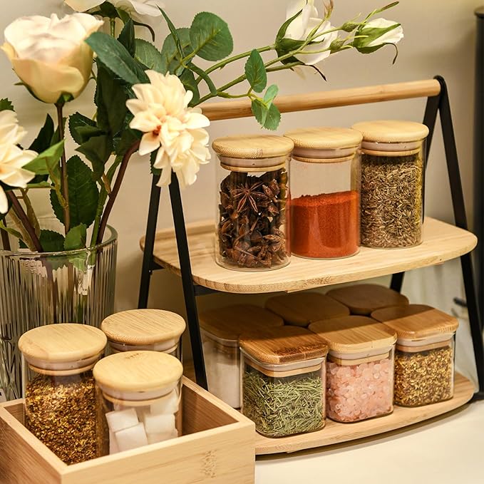 SHOWIN 8oz Glass Food Storage Jars, Glass Jars with Bamboo Lids, Kitchen Storage Jars, Set of 12, Canisters with Airtight Lids for Spice, Coffee, Cookie, Pantry Organizers