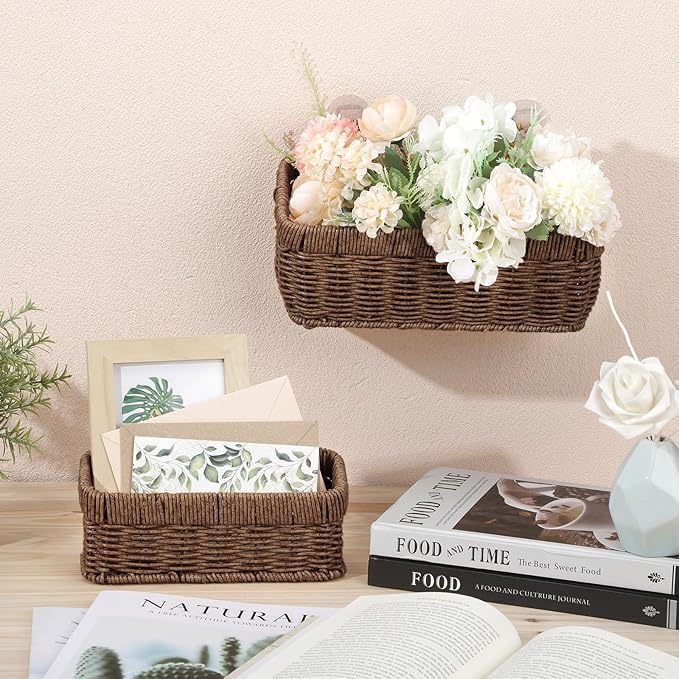 Tioncy 2 Pcs Woven Hanging Wall Baskets for Storage Boho Style Hanging Storage Plastic Woven Baskets with 4 Hooks for Kitchen Garden Living Room