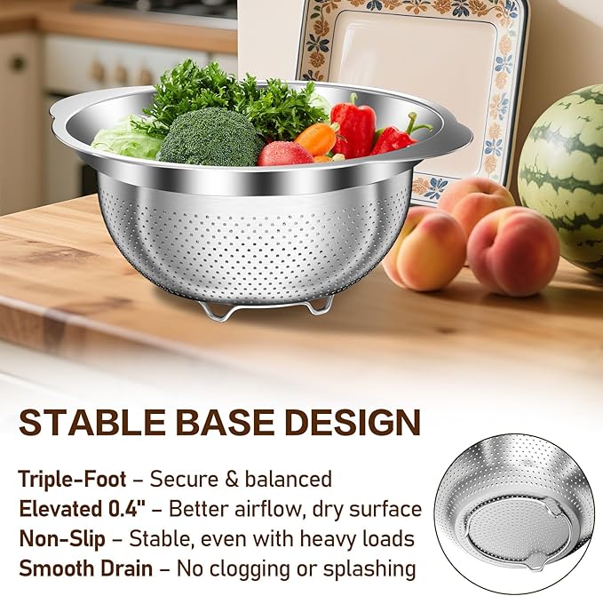 Stainless Steel Strainers for Kitchen, Stainless Steel Colander, Kitchen Strainer for Pasta Fruit Veggie Hot Food, 2 Pack Strainers and Colanders(2QT & 3QT), Dishwasher Safe, Silver