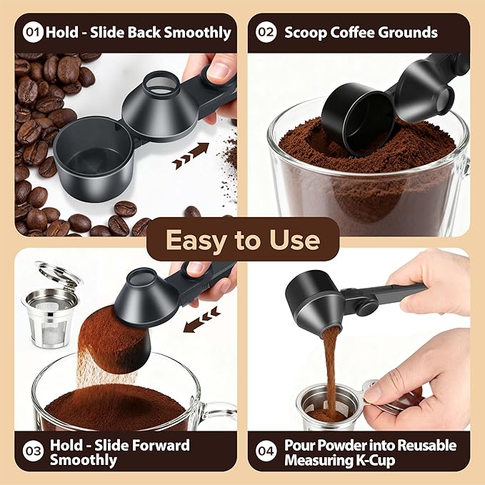 Coffee Scoop Fits Reusable K-Cups 2Tbsp, Food-Grade PCTG Funnel Scoop, Mess-Free & Precise Measuring for Coffee, Protein, Powder & Hot Cocoa (Black,1Pack)