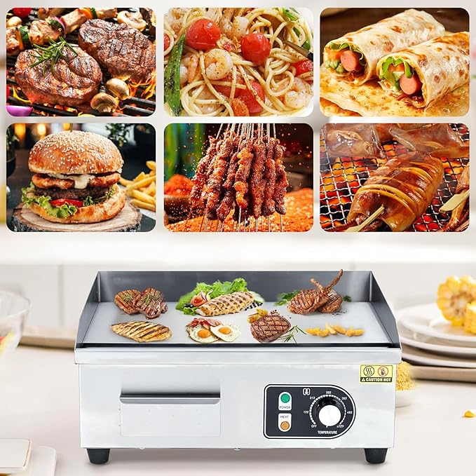 1600W 22" Half Flat Top Electric Griddle – Commercial-Grade Stainless Steel, Adjustable Temp, 2 Shovels/Brushes & Plug Included