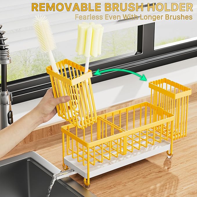 Cisily Sponge Holder for Kitchen Sink, Sink Caddy Organizer with High Brush Holder, Kitchen Countertop Organizers, 304 Stainless Steel, Lemon Yellow Kitchen Decor and Accessories