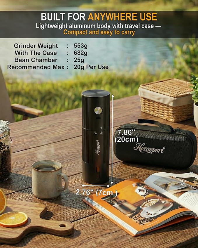 High-Speed Portable Electric Coffee Grinder with 1600mAh Rechargeable Battery, 7-Core Stainless Steel Burr Coffee Mill, 45 Precision Settings, Cordless Design & Compact Aluminum Body for Travel