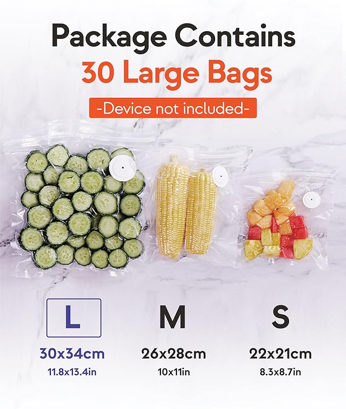 Reusable Vacuum Sealer Bags – 30 Big Food Storage Bags (30x34cm/11.8x13.4in), BPA-Free, Leak-Proof & Odor-Resistant, Compatible with Vacuum Sealer Machines
