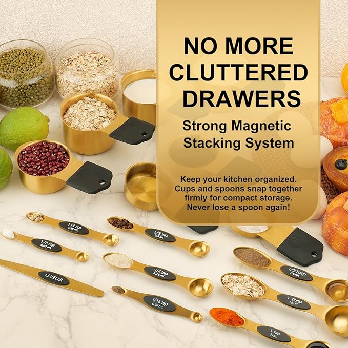 Gold Magnetic Measuring Cups & Spoons Set of 16, 7 Stainless Steel Measuring Cups, 8 Double-Sided Measuring Spoons & 1 Leveler, Premium Finish Baking Tools Kitchen Gadget for Dry & Liquid Ingredients