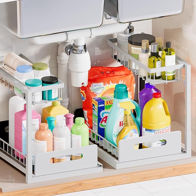 VUSIGN 2 Pack Under Sink Organizer and Storage, 2 Tier Under Cabinet Organizer for Bathroom Kitchen with Pull Out Storage Shelf Drawer, White