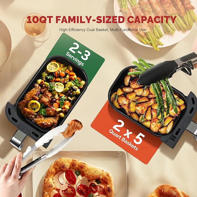 Upgraded Large 10QT Dual Air Fryer, Digital Touchscreen, Smart Sync Cook & Finish Function to Air Frying, Reheat, Bake, Double Baskets for Fresh Meals, Snack for Family and Children
