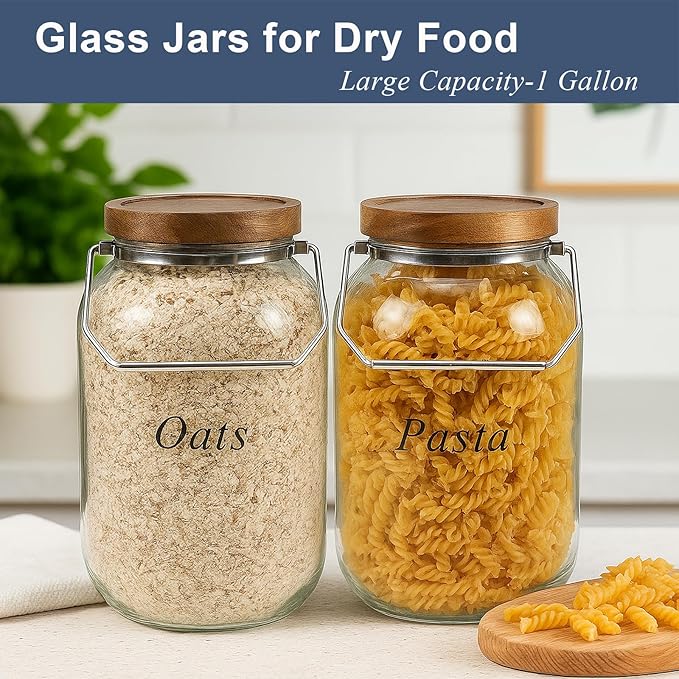 2 Pack Glass Flour Sugar Storage Containers with Handle, 1 Gallon Glass Jars with Airtight Lid, Wide Mouth Large Mason Jars 128oz for Rice, Pasta, Oats, Coffee Storage