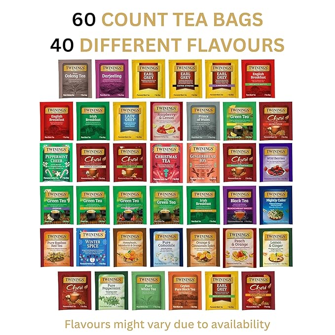Twinings Tea Bag Sampler Variety with Brown Wooden Organizer (60 Tea Bags) 40 Different Flavors, Gift for Tea Lovers: Women, Men, Mom, Dad, Family, Friends, Couples