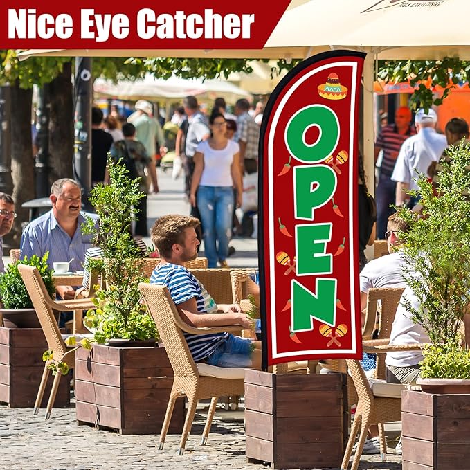 Buryeah Feather Banner Feather Flag Taco Sign Business Signs for Outside Open Flags for Businesses with Pole Ground Stake Portable for Mexican Restaurants, Diners, Markets (Red)