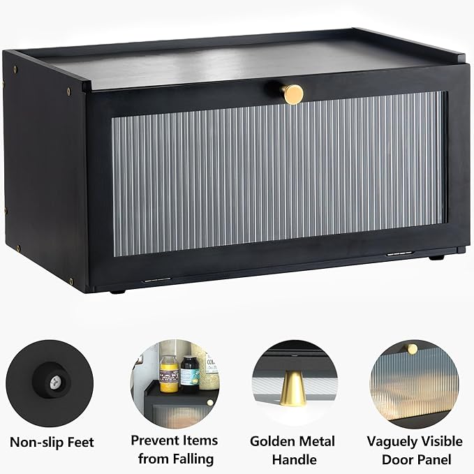 ETMI Black Bread Box for Kitchen Countertop - Modern bamboo Bread box with Window Bread Storage Container