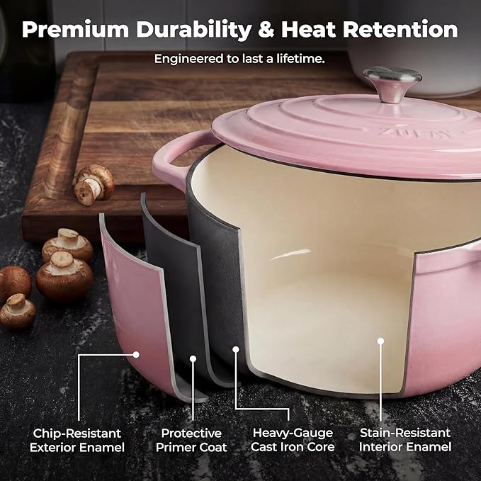 Zulay Kitchen 7.7 Quart Enameled Cast Iron Dutch Oven Pot with Lid – Premium Durability & Oven Safe up to 500°F – Heavy Duty Cookware Perfect for Bread Baking, Stews, Braising & Roasting – Pink