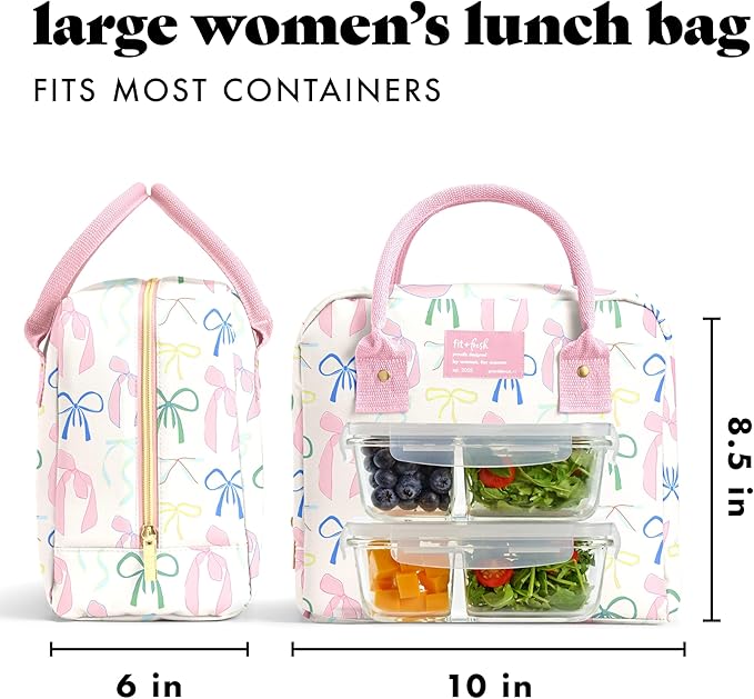 Fit & Fresh Bloomington Lunch Bag for Women - Insulated Large Lunch Box for Work with Containers, Leak-Resistant, Stain-Resistant, Zipper Closure, Pink Dainty Bows