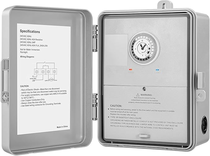 SURAIELEC Mechanical Pool Timer, 40 AMP 240V 3HP, 24 Hour Heavy Duty Timer Switch for Pool Pump, Spa, Landscape Lights, Water Heater, Simultaneously Controls Up to 3HP Devices, Outdoor Indoor Use