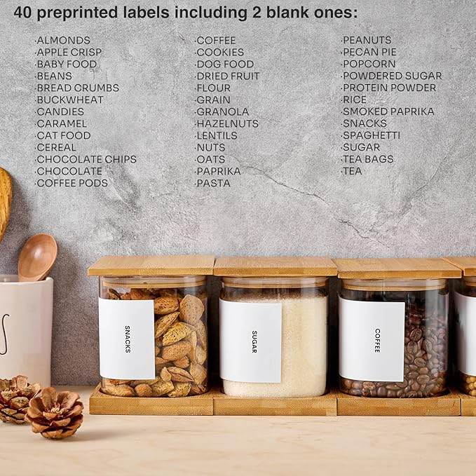 Glass Storage Jars with Bamboo Lids, 50oz Square Food Storage Containers for Kitchen Pantry Organization, Storage Canisters with Labels for Cereal Flour Beans Tea, Large Spice jars Seasoning Bottles