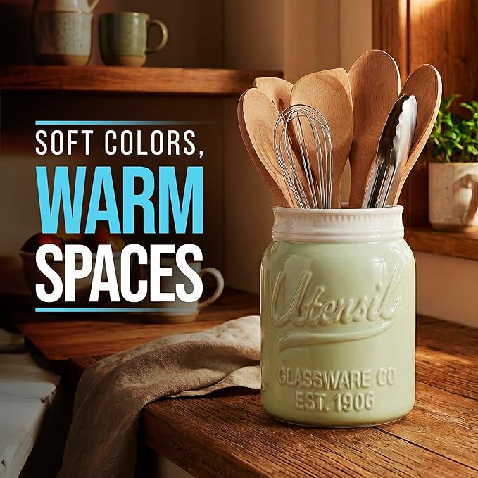 Comfify Wide Mouth Mason Jar Utensil Holder Decorative Kitchenware Organizer Crock, Dishwasher Safe - Kitchen Caddy Green, Large Size 7" Hight