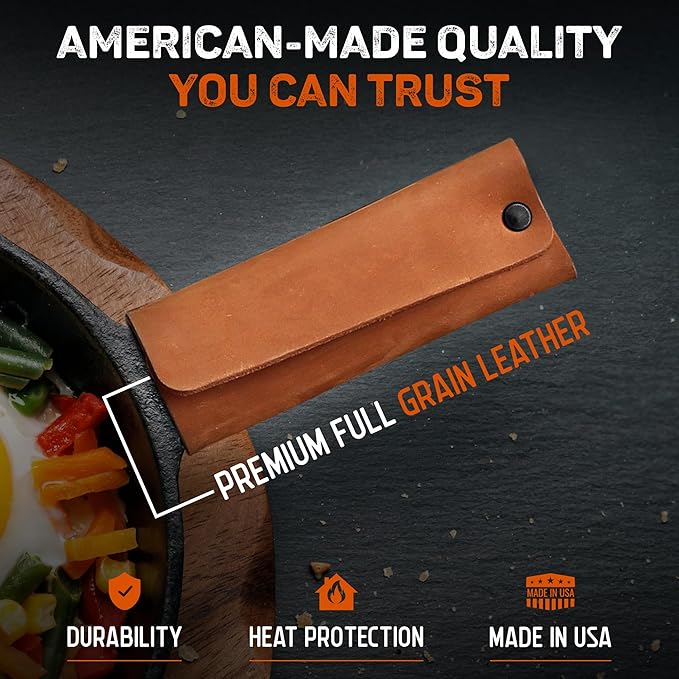 American Bench Craft Leather Cast Iron Handle Cover (Set of 2) | Full Grain Leather Hot Handle Holders for Cast-Iron Skillets & Pots | Heat Resistant Pan Handle Sleeve | Handcrafted in USA | Tan