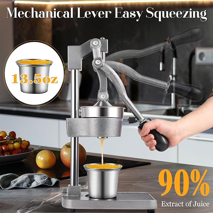 Cast Iron Manual Juicer Hand Press, Lemon Squeezer, Commercial-Grade Citrus Press Suitable for Oranges, Lemons, Limes, and Pomegranates Easy to Clean Includes Stainless Steel Cup, Gray